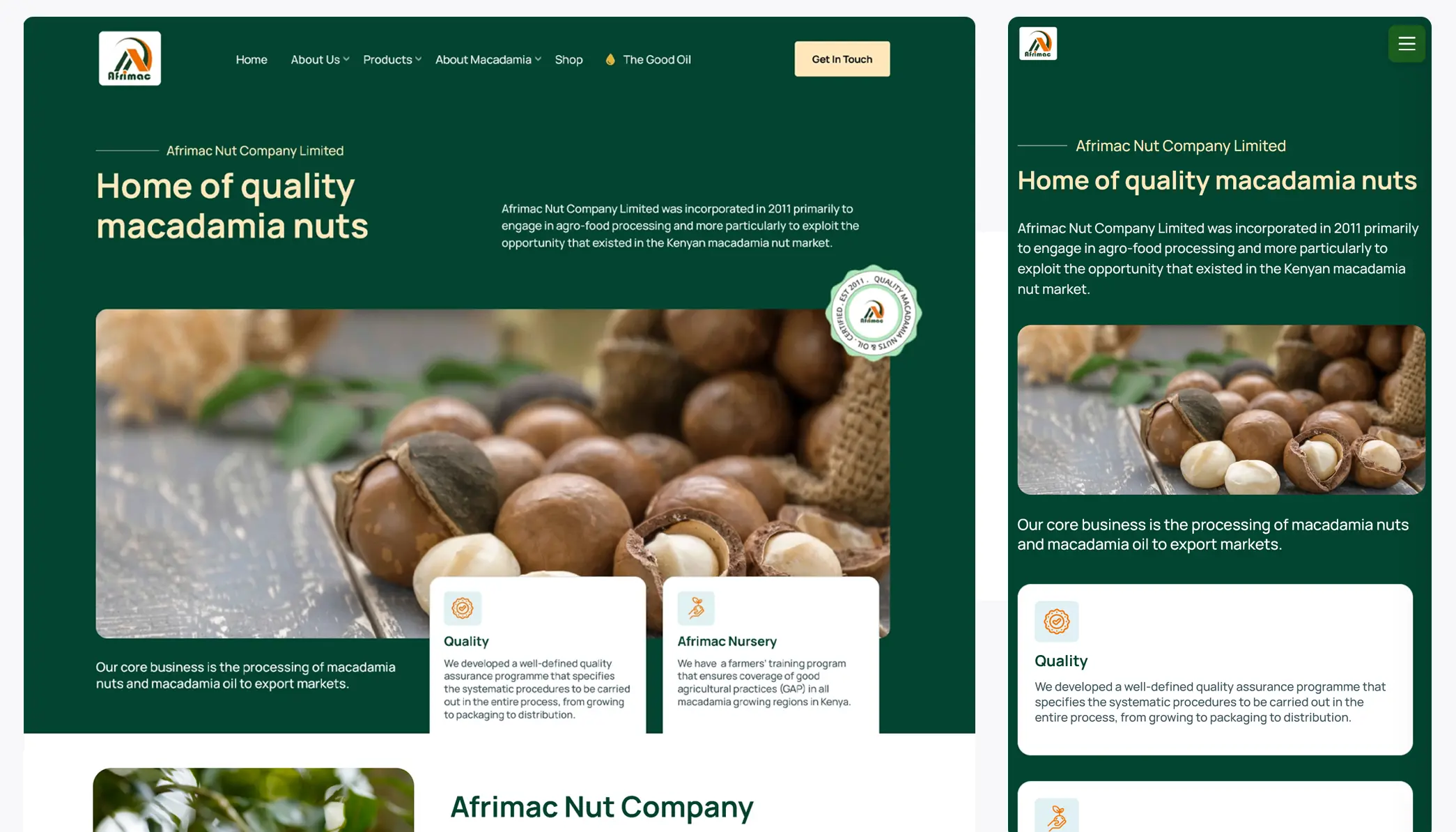Afrimac Nut Company website homepage and product pages