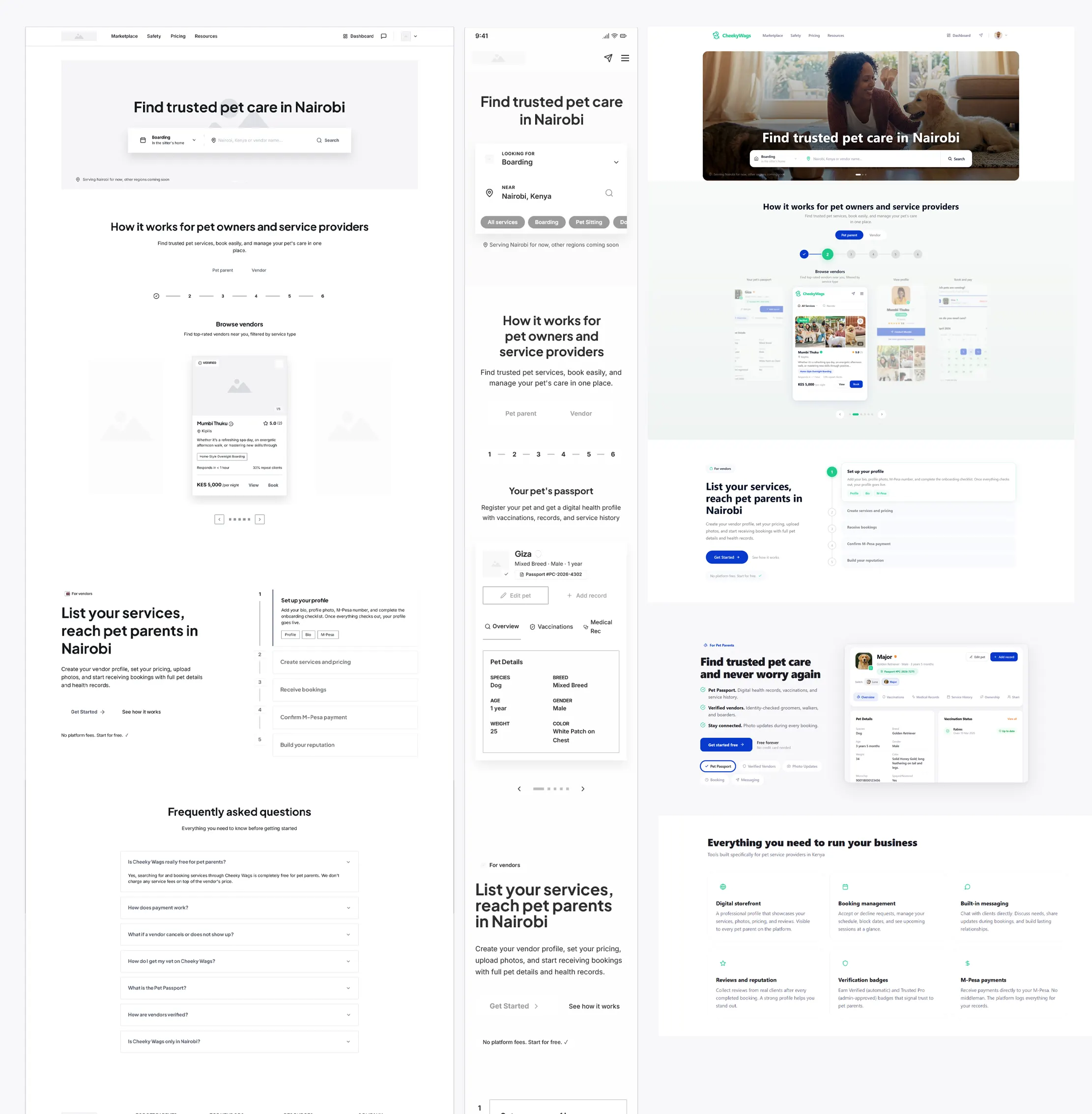 CheekyWags vendor profile and Pet Passport screens