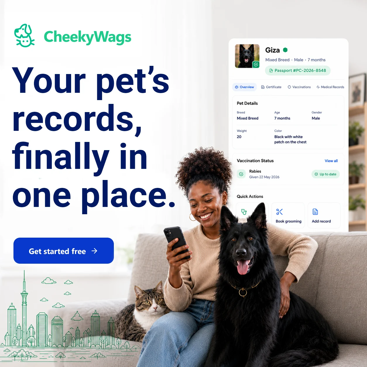 Your pet's records finally in one place, CheekyWags pet records poster
