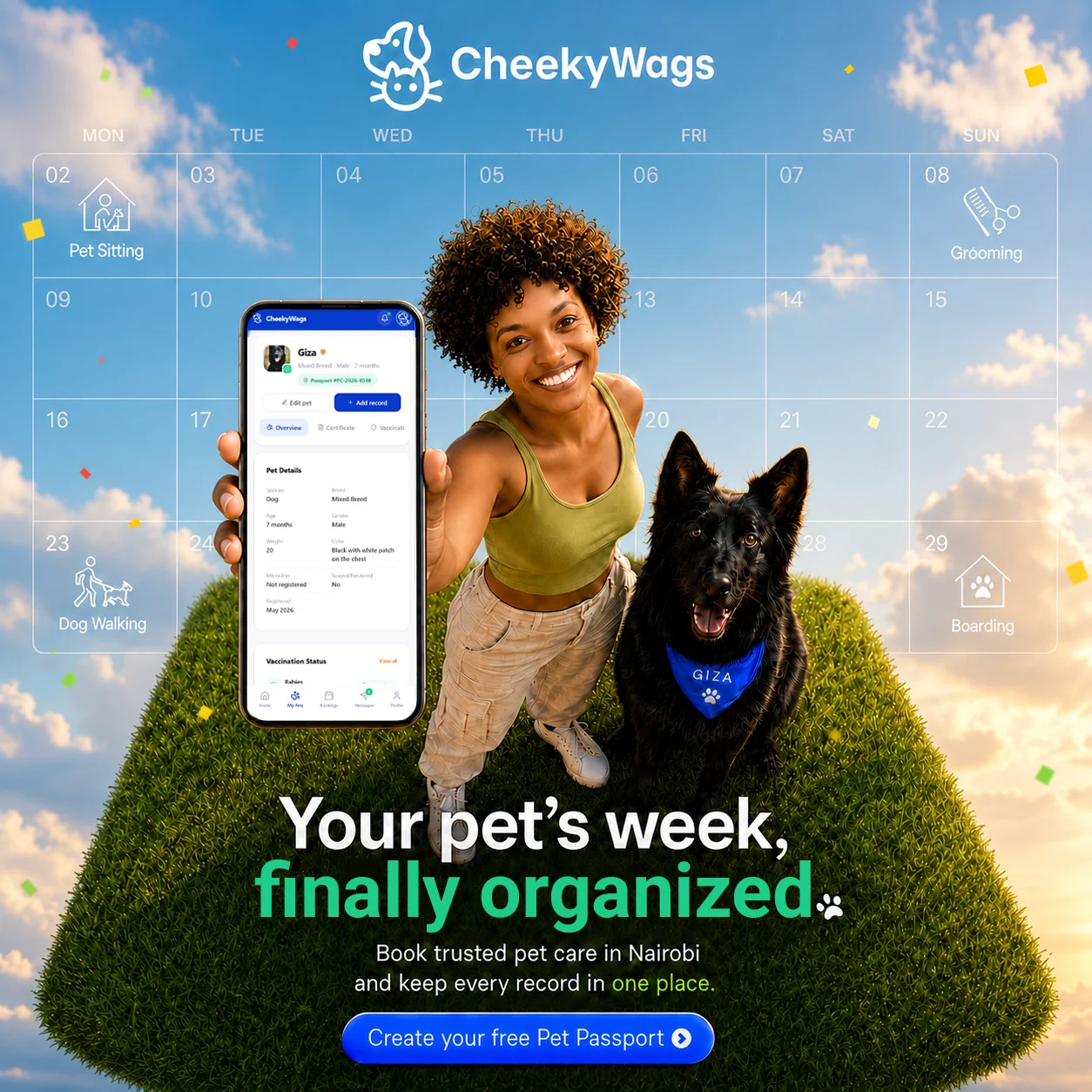 Your pet's week finally organized, CheekyWags booking calendar poster
