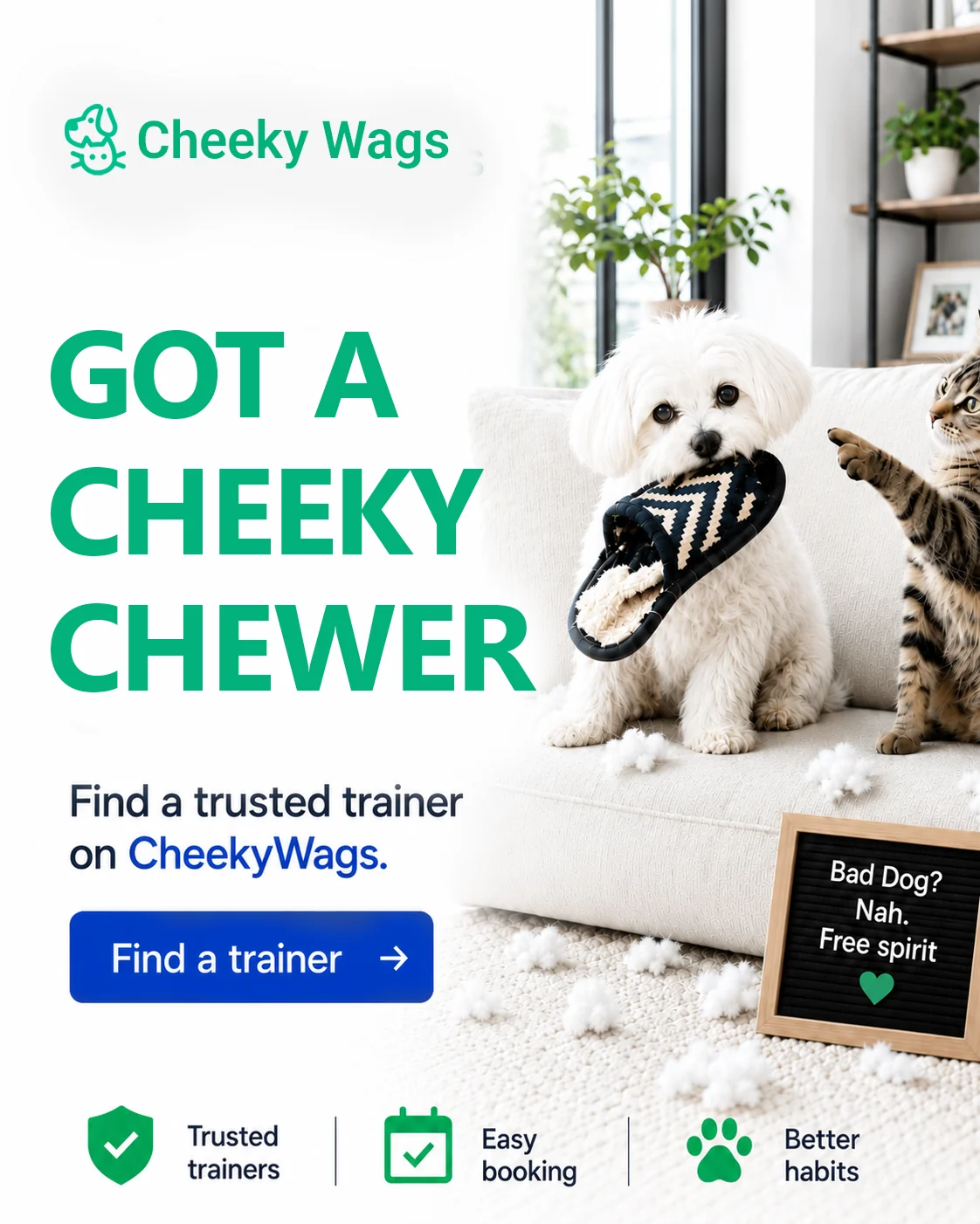 Got a cheeky chewer? Find a trainer on CheekyWags poster