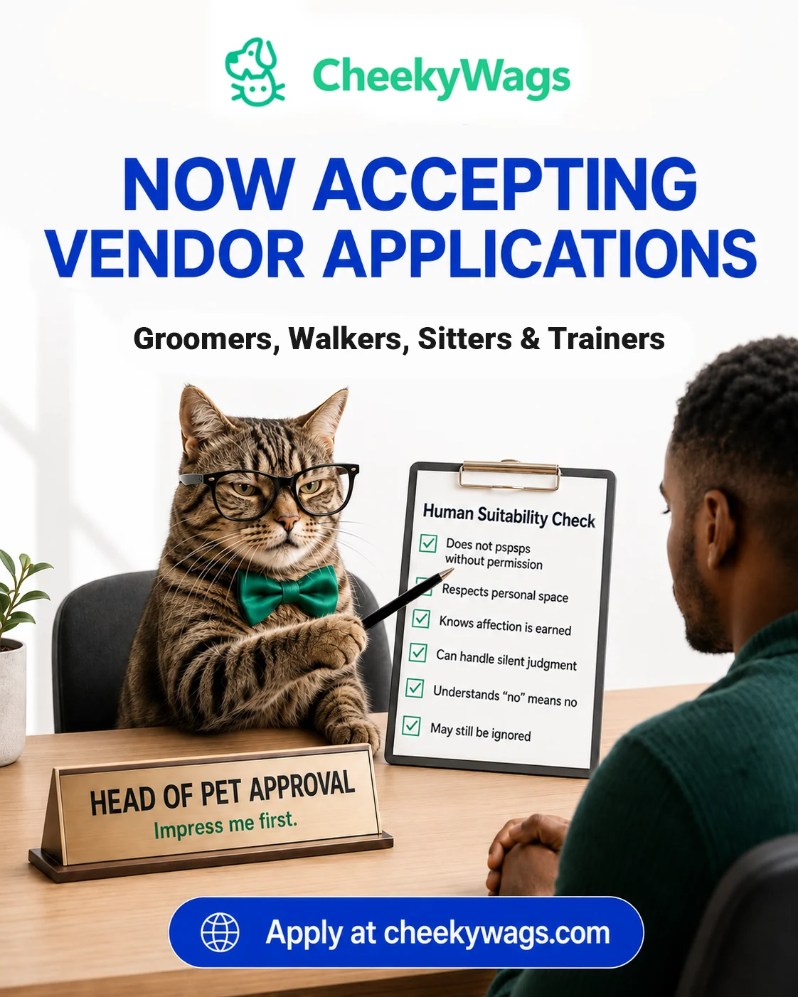 Now Accepting Vendor Applications poster with the Head of Pet Approval cat