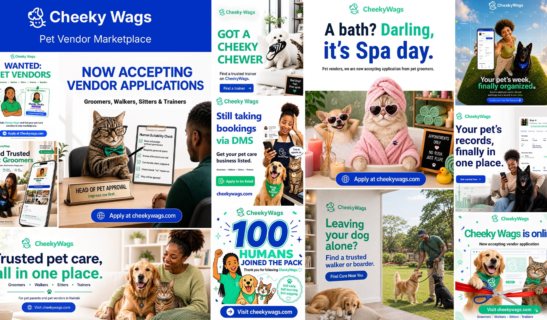 CheekyWags launch poster announcing the pet care marketplace is online
