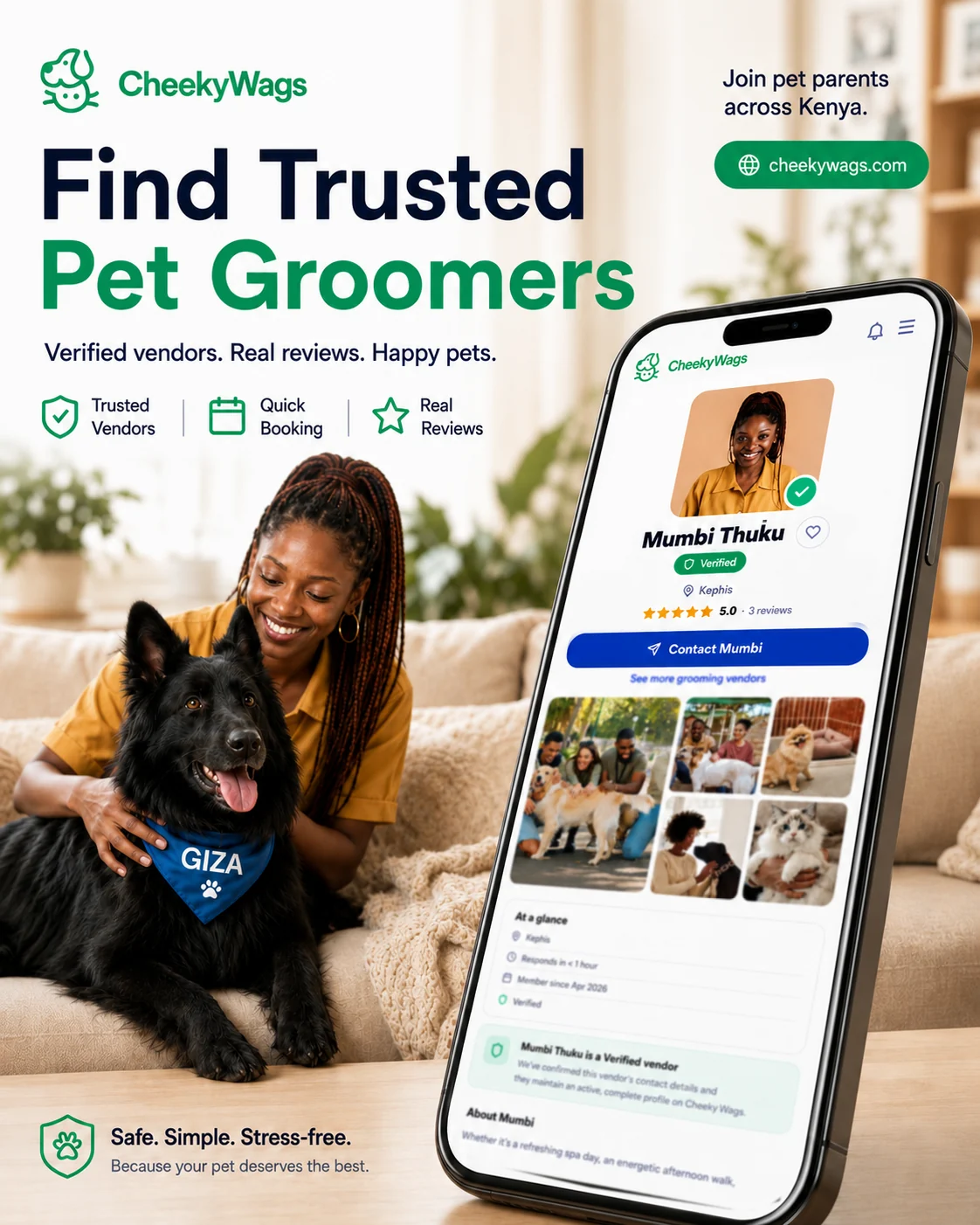 Find Trusted Pet Groomers poster showing the CheekyWags vendor profile
