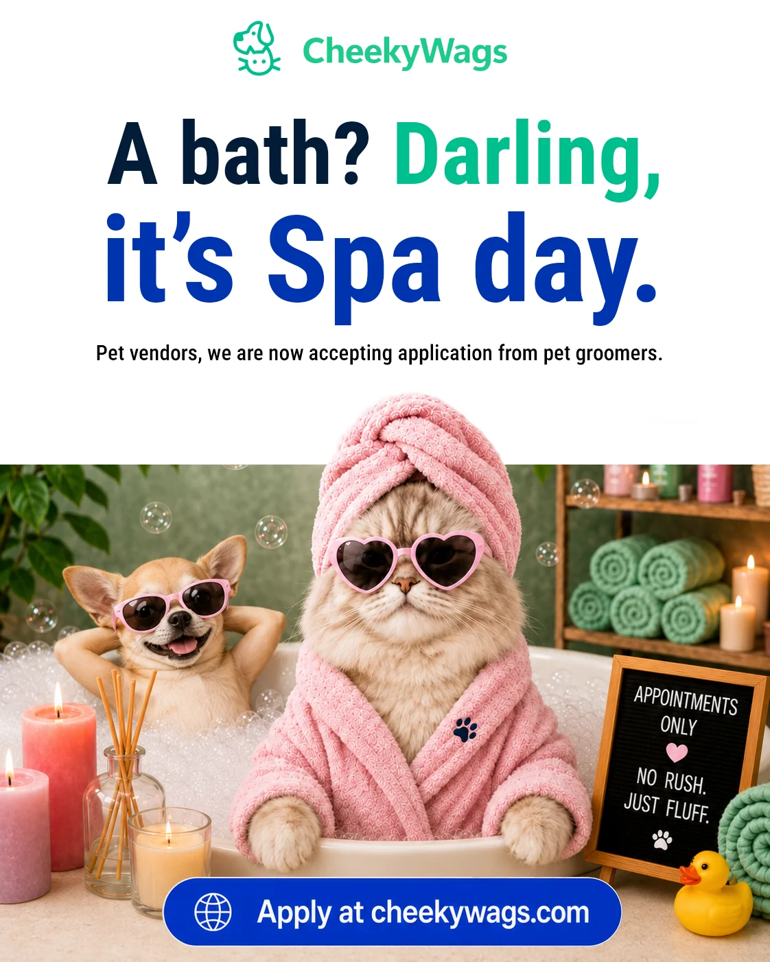 A bath? Darling, it's Spa day groomer recruitment poster