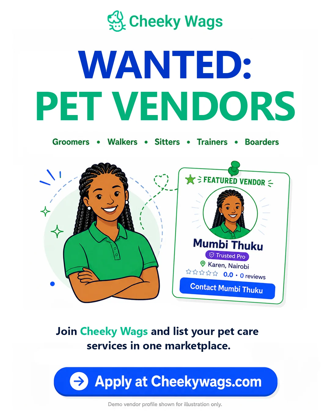 Wanted Pet Vendors recruitment poster for CheekyWags